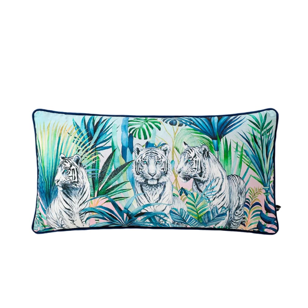 Luxurious throw pillow featuring white tigers surrounded by lush jungle foliage, perfect for adding a touch of elegance to any decor.
