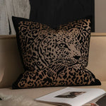 Luxury leopard embroidery throw pillow in gold and silver tones, featuring an intricate leopard face design on a black background, perfect for home decor.