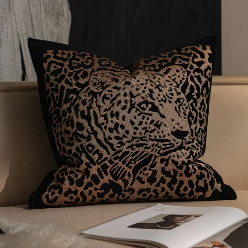 Luxury leopard embroidery throw pillow in gold and silver tones, featuring an intricate leopard face design on a black background, perfect for home decor.