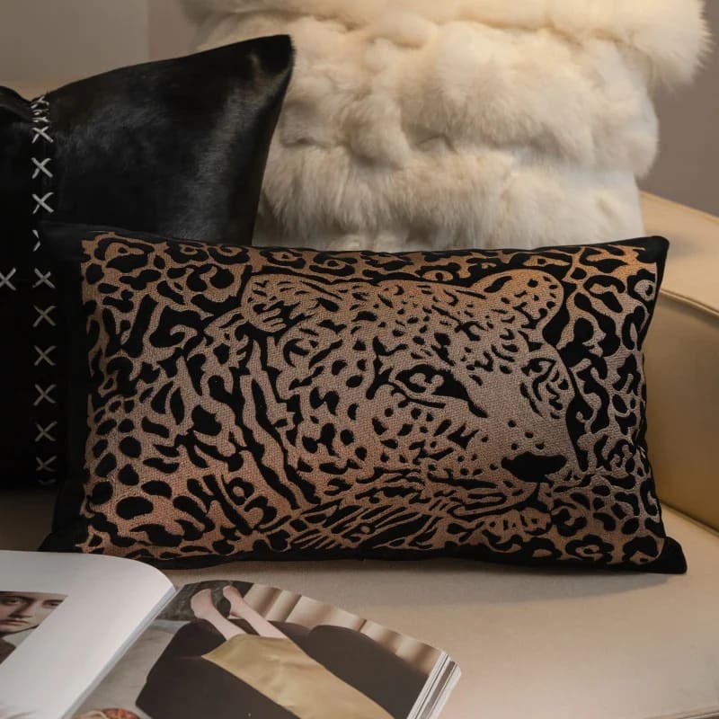 Luxury leopard embroidery throw pillow featuring gold and silver tones on a black background, perfect for elegant home decor.