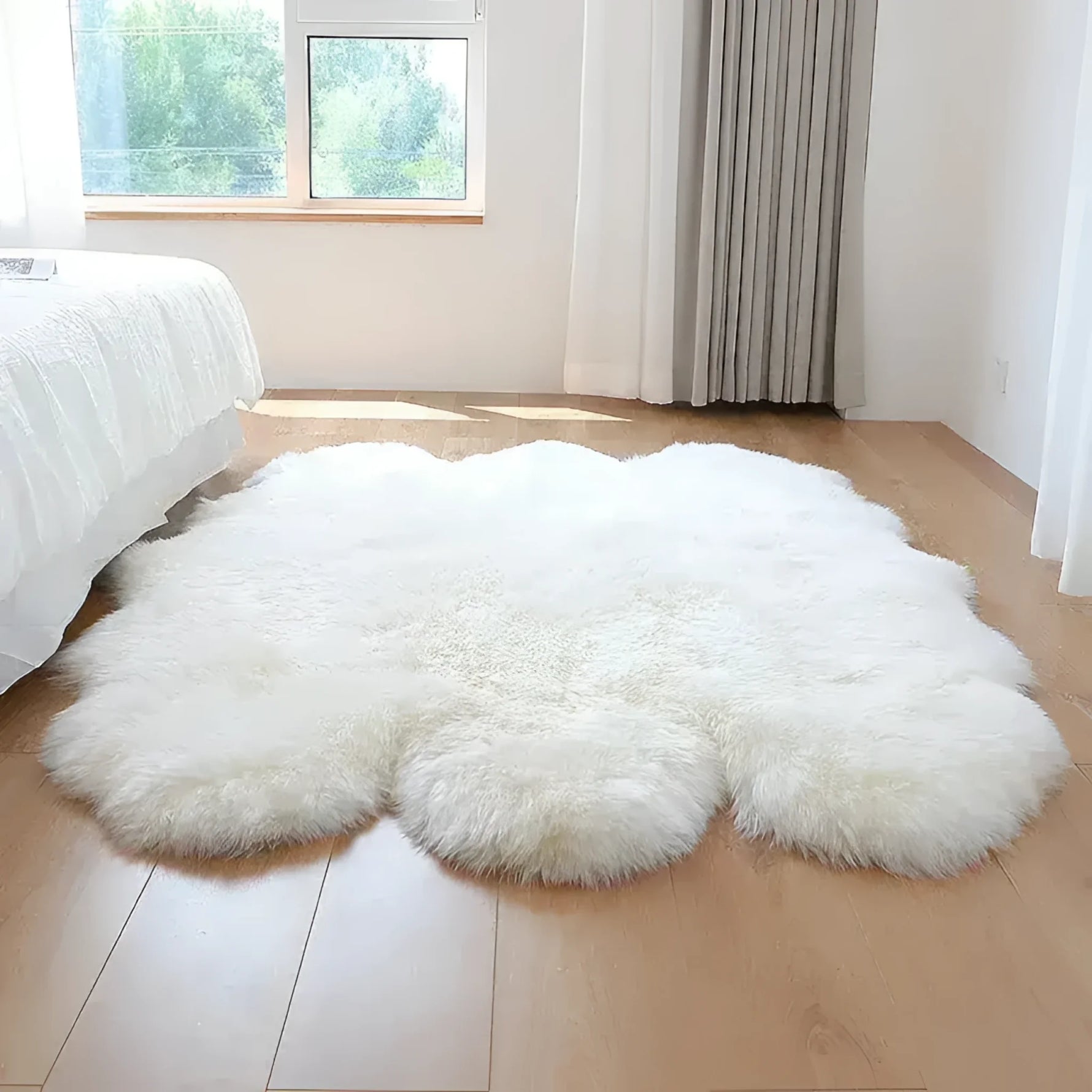 A luxurious plush soft sheepskin area rug placed on a wooden floor in a bright bedroom. The large living room rug, ideal for 8x10 spaces, adds warmth and elegance to the room with its fluffy texture and pure white color, complementing the natural light coming from the window.