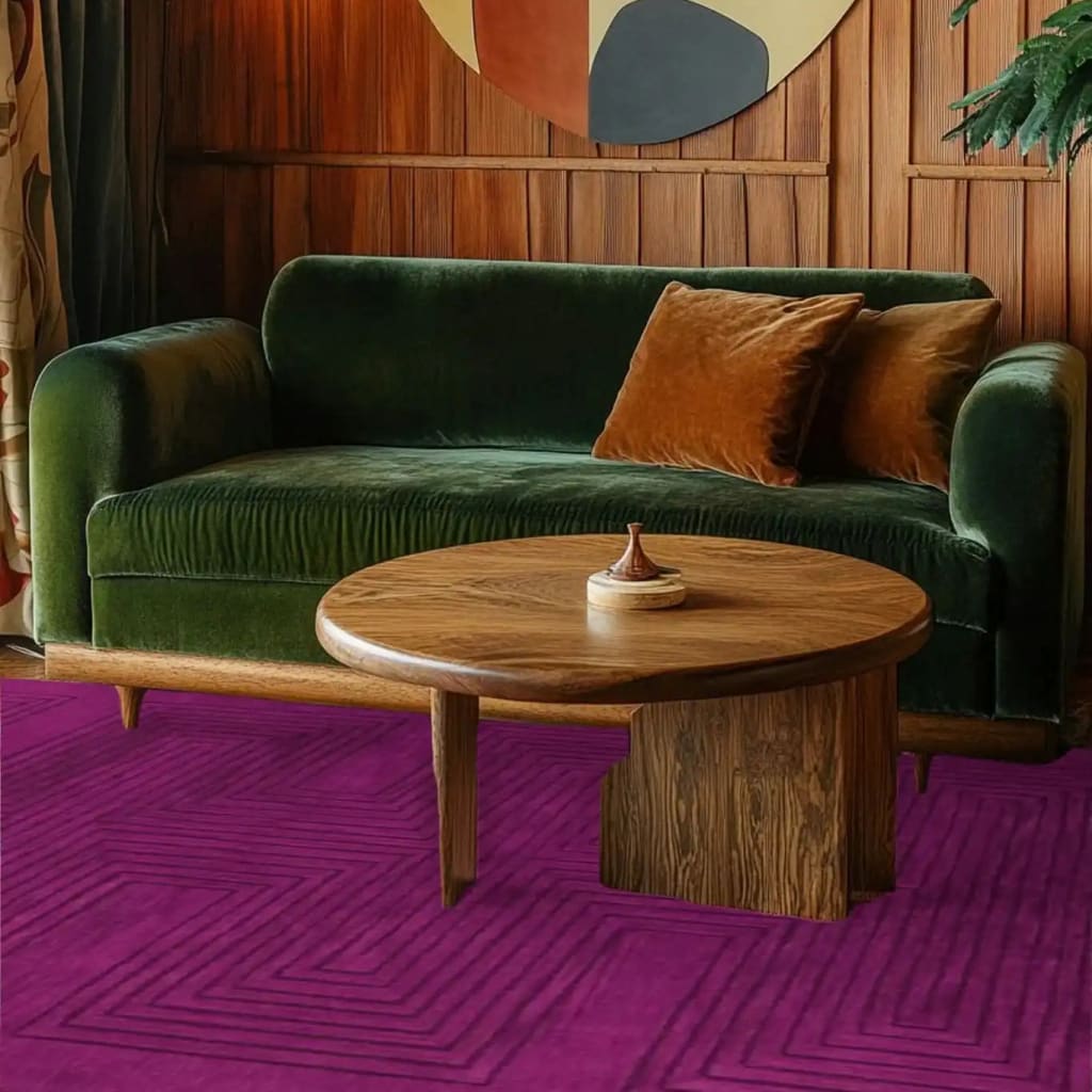 A contemporary magenta area rug in a dining room setting, showcasing a modern hand-tufted wool design. The large rug complements the rich green velvet sofa and wooden coffee table, adding a touch of elegance to the formal dining room ambiance.