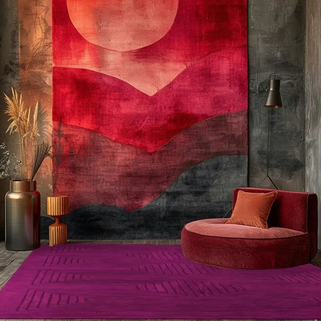 A contemporary dining room featuring a bold Magenta Artic Geo Modern Hand Tufted Wool Rug. The large area rug adds a vibrant touch with its rich magenta color, perfectly complementing the formal dining room setting. Ideal for those looking for stylish dining room carpets, the wool rug's geometric patterns enhance the room's modern aesthetic.