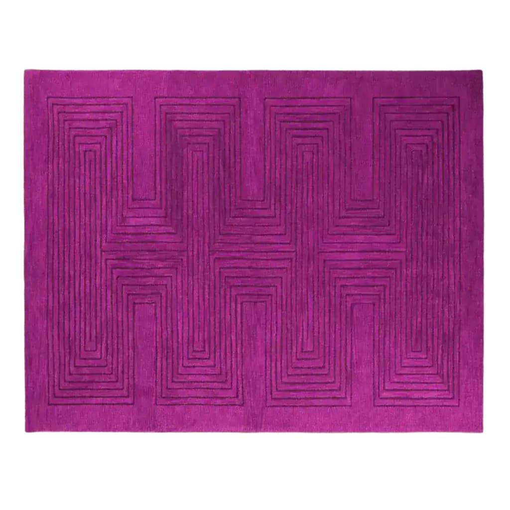 A vibrant magenta area rug with a modern geometric pattern, perfect for enhancing a contemporary dining room. This large wool rug adds a stylish touch to formal dining room settings, making it an ideal choice for dining room carpets.