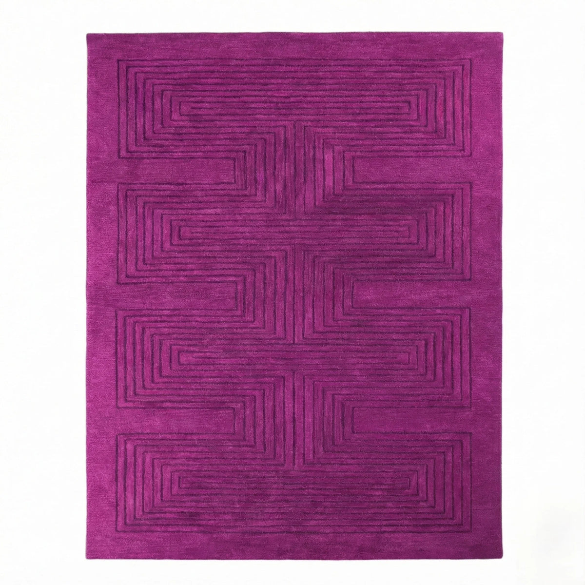 Top view of the Magenta Artic Geo Modern Hand Tufted Wool Rug, showcasing its vibrant magenta color and intricate geometric pattern. Ideal as a large area rug for a contemporary dining room setting, this wool rug adds a bold touch to formal dining room decor.