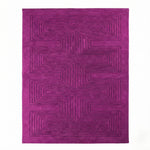 Top view of the Magenta Artic Geo Modern Hand Tufted Wool Rug, showcasing its vibrant magenta color and intricate geometric pattern. Ideal as a large area rug for a contemporary dining room setting, this wool rug adds a bold touch to formal dining room decor.