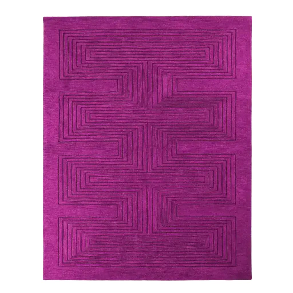 Top view of the Magenta Artic Geo Modern Hand Tufted Wool Rug, showcasing its vibrant magenta color and intricate geometric pattern. Ideal as a large area rug for a contemporary dining room setting, this wool rug adds a bold touch to formal dining room decor.