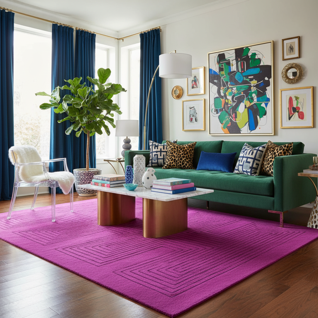 Modern living room with a green sofa, pink rug, and colorful artwork.