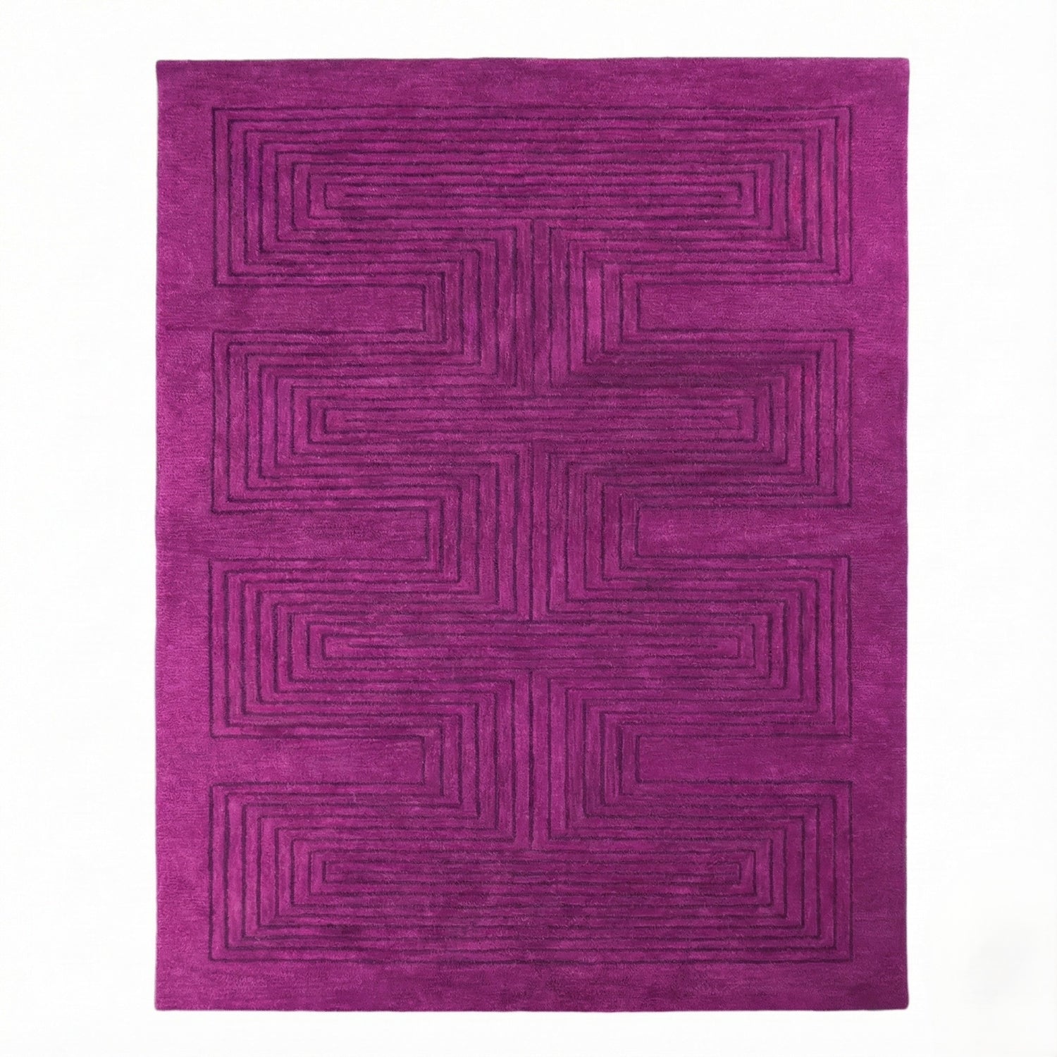 Top view of the Magenta Artic Geo Modern Hand Tufted Wool Rug, showcasing its vibrant magenta color and intricate geometric pattern. Ideal as a large area rug for a contemporary dining room setting, this wool rug adds a bold touch to formal dining room decor.