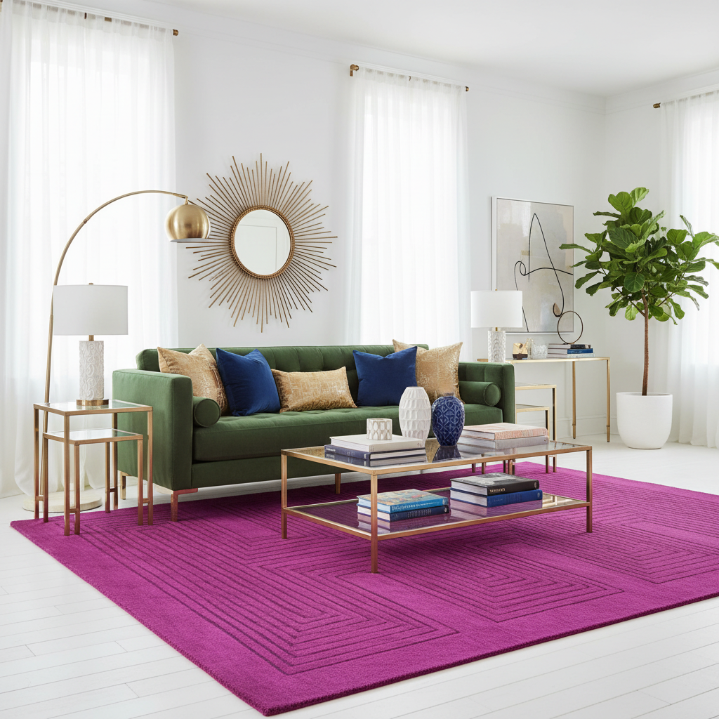 Living room with a green sofa, purple rug, and decorative items.