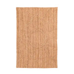 Top view of the Magic Eye Accent Jute Rug, showcasing its intricate circular patterns and natural texture. This area rug is perfect for adding a boho touch to living room decor, ideal for those seeking stylish and sustainable living room area rugs.