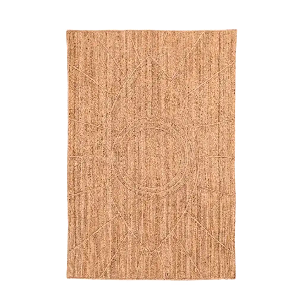 Top view of the Magic Eye Accent Jute Rug, showcasing its intricate circular patterns and natural texture. This area rug is perfect for adding a boho touch to living room decor, ideal for those seeking stylish and sustainable living room area rugs.