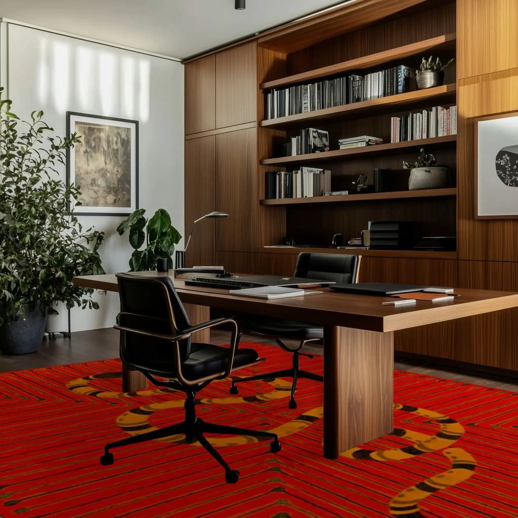 A stylish office space featuring a striking red hand-tufted wool area rug with an abstract snake design. The rug complements the modern wooden desk and shelves, making it a perfect choice for dining room or bedroom area rugs.