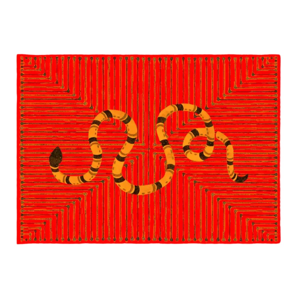 Vibrant red hand-tufted wool rug featuring an abstract snake design, perfect as a striking area rug for dining rooms or bedrooms. This unique wool rug adds a bold touch to your dining table setup or bedroom decor.