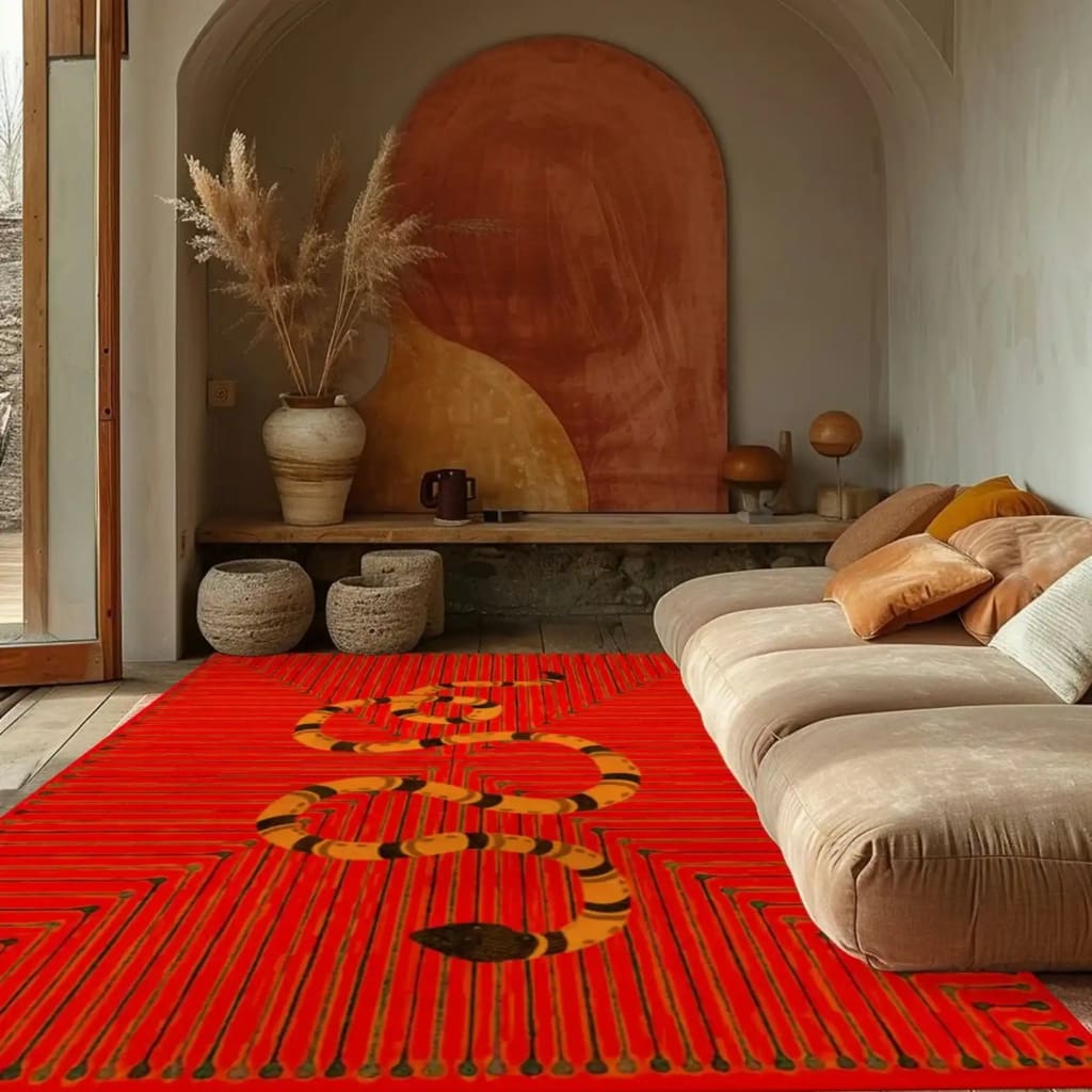 A vibrant red hand-tufted wool rug featuring an abstract snake design, beautifully placed in a modern living room setting. The area rug stands out against the neutral tones of the room, making it an ideal choice for a dining room or bedroom. This eye-catching rug adds a touch of elegance and warmth, perfect for any dining table rug or bedroom area rug setup.