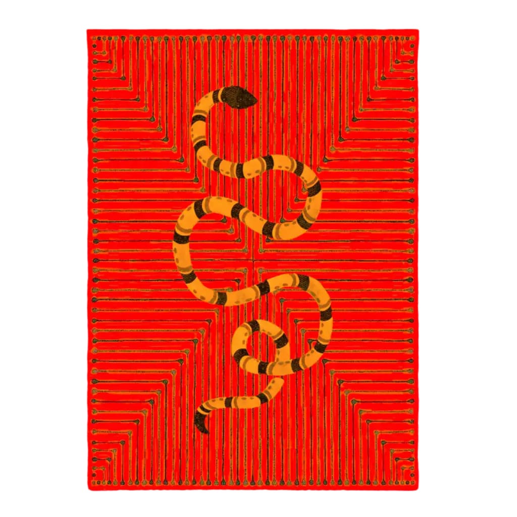 A vibrant red hand-tufted wool area rug featuring a striking abstract snake design. Perfect for adding a bold statement to your dining room or bedroom, this rug combines modern artistry with traditional craftsmanship, making it an ideal choice for dining table rug settings or bedroom area rugs.