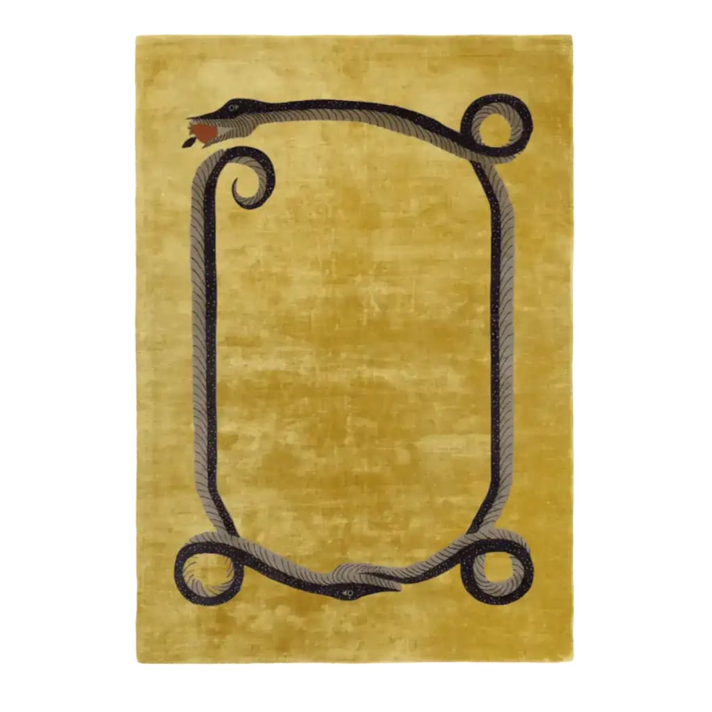 A stunning Magic Snake Gold Lush Hand Tufted Wool Rug, ideal for large living rooms or offices. This vintage area rug features an intricate snake design on a golden background, crafted from high-quality wool for a luxurious touch.