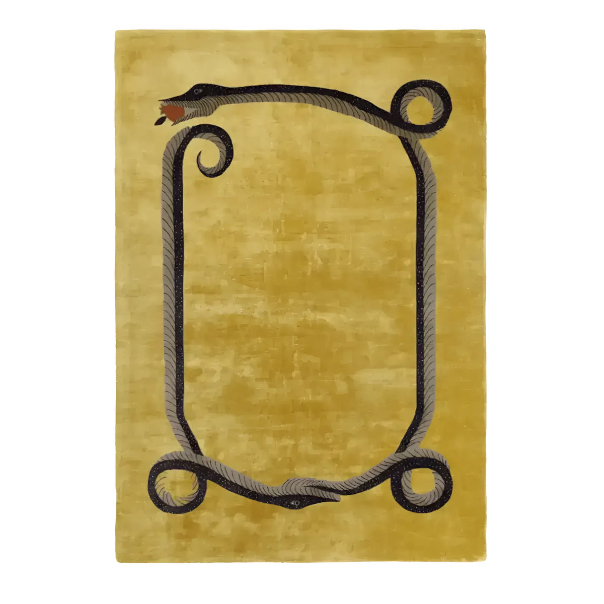 A stunning Magic Snake Gold Lush Hand Tufted Wool Rug, ideal for large living rooms or offices. This vintage area rug features an intricate snake design on a golden background, crafted from high-quality wool for a luxurious touch.