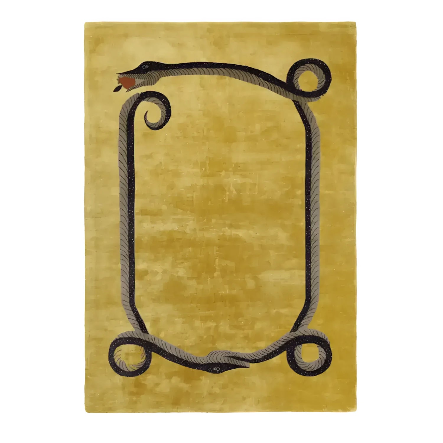 A stunning Magic Snake Gold Lush Hand Tufted Wool Rug, ideal for large living rooms or offices. This vintage area rug features an intricate snake design on a golden background, crafted from high-quality wool for a luxurious touch.