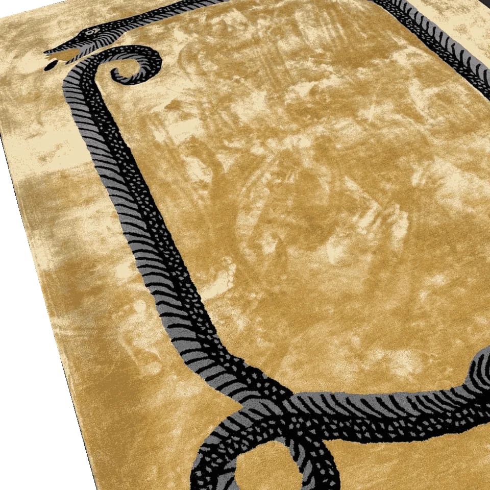 Luxurious Magic Snake Gold Lush Hand Tufted Wool Rug featuring a striking snake pattern on a golden background. Perfect for adding a touch of elegance to large living rooms or vintage-themed offices, this area rug combines style and comfort, making it an ideal choice for both living room and office spaces.