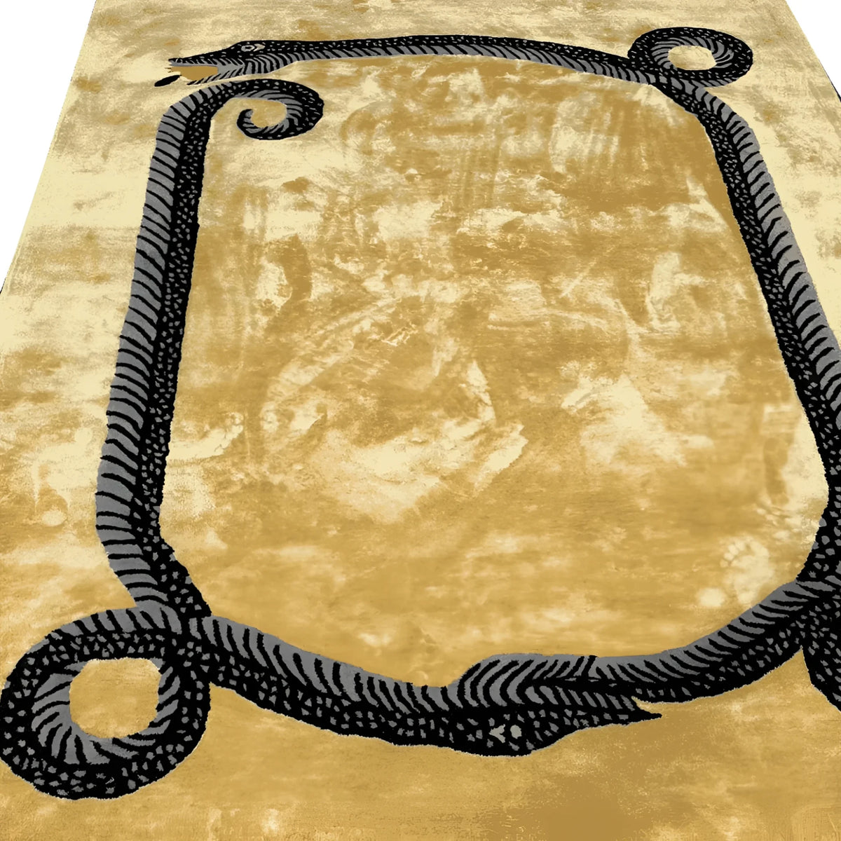 Elegant Magic Snake Gold Lush Hand Tufted Wool Rug, perfect for large living room rugs and vintage rug enthusiasts. The intricate snake design adds a touch of sophistication, making it an ideal wool rug for both living room and office spaces.