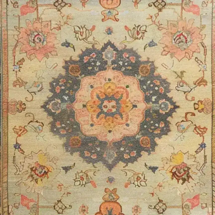This beautiful area rug features an intricate floral design with a vintage Persian style, perfect for adding a touch of elegance to any living room. The hand-knotted patterns in soft, earthy tones create a timeless look that complements a variety of decor styles.