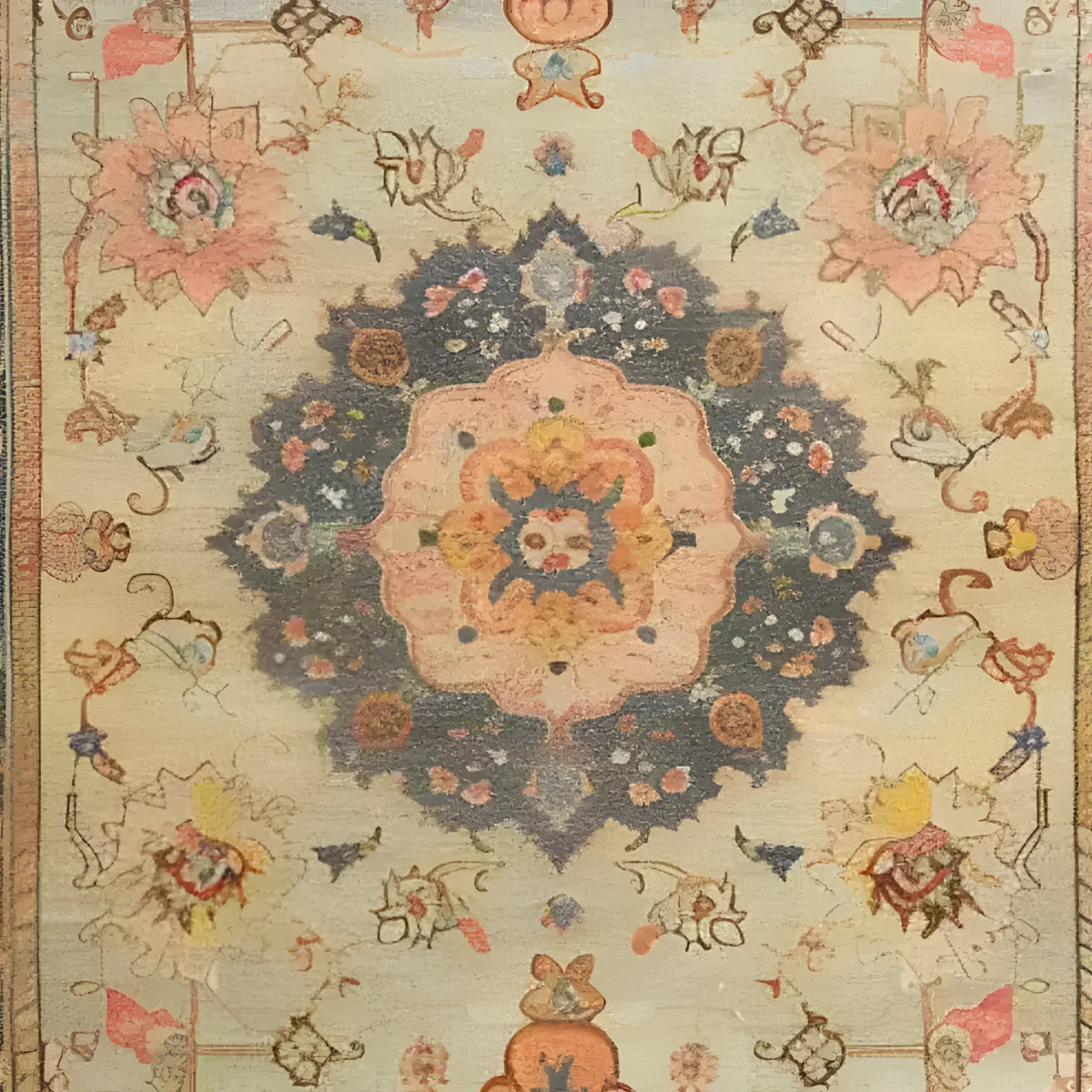 This beautiful area rug features an intricate floral design with a vintage Persian style, perfect for adding a touch of elegance to any living room. The hand-knotted patterns in soft, earthy tones create a timeless look that complements a variety of decor styles.