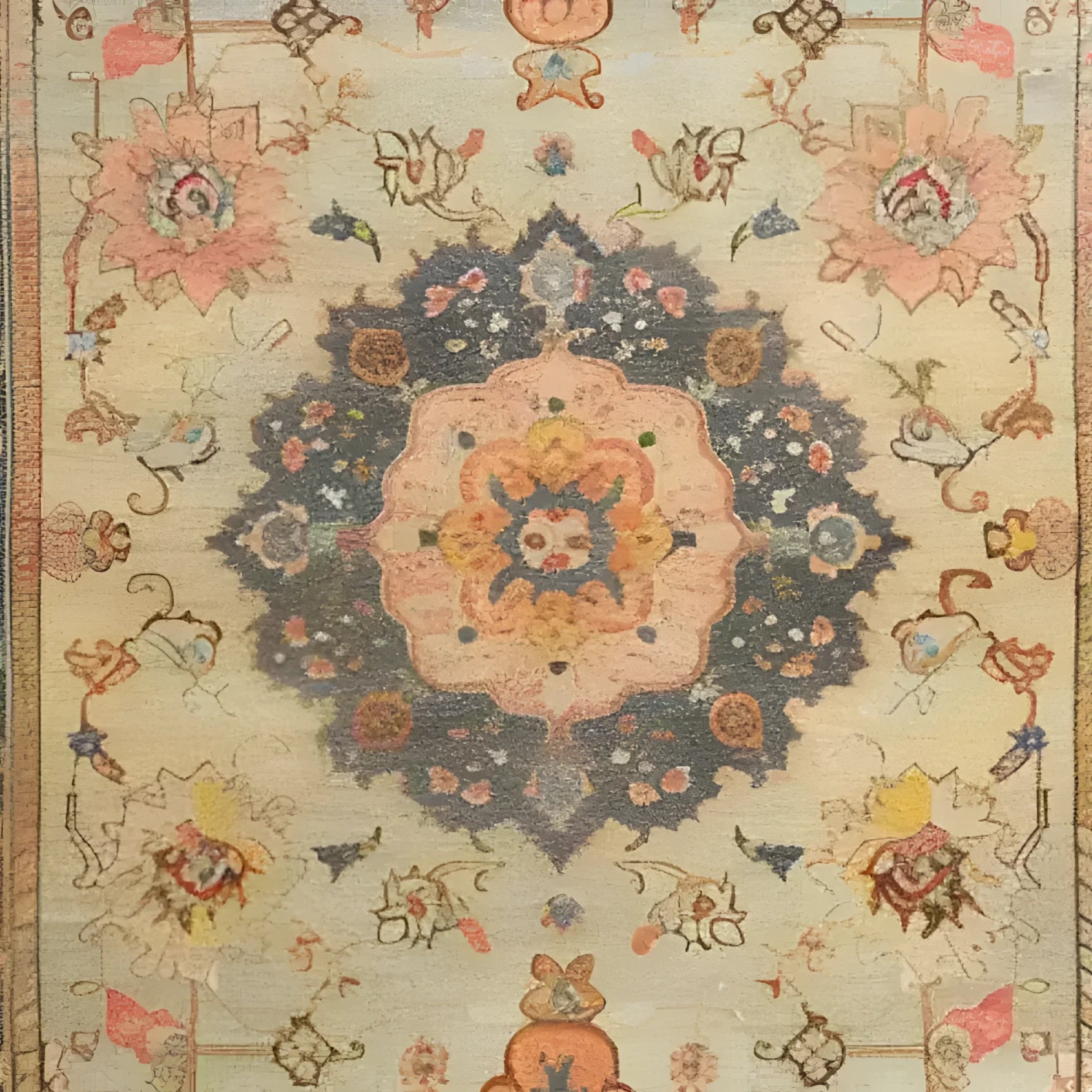 This beautiful area rug features an intricate floral design with a vintage Persian style, perfect for adding a touch of elegance to any living room. The hand-knotted patterns in soft, earthy tones create a timeless look that complements a variety of decor styles.