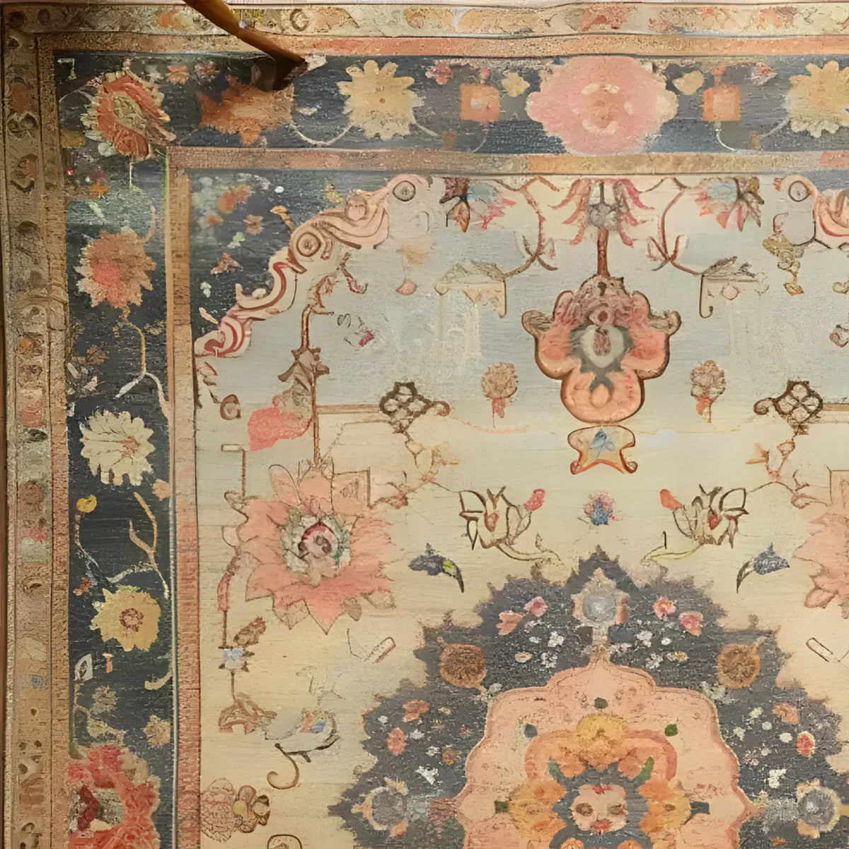Close-up view of a magnificent floral hand-knotted area rug, showcasing intricate Persian-inspired patterns and vintage charm. The soft hues and elaborate designs make it a perfect choice for living room area rugs, adding elegance and warmth to any space.