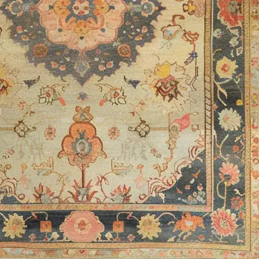 Close-up view of a magnificent floral hand-knotted area rug, showcasing intricate vintage Persian rug designs with vibrant floral patterns. Perfect for adding elegance to living room spaces, this rug exemplifies the beauty of classic area rugs for living rooms.