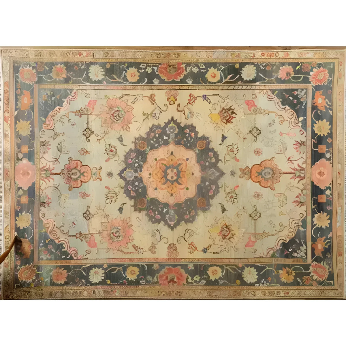 This image showcases a magnificent floral hand-knotted area rug, perfect for adding a vintage touch to your living room. The intricate design features a central medallion with vibrant floral patterns, reminiscent of traditional Persian rugs. The rug's rich colors and detailed craftsmanship make it an ideal choice for those seeking elegant area rugs for living room spaces.