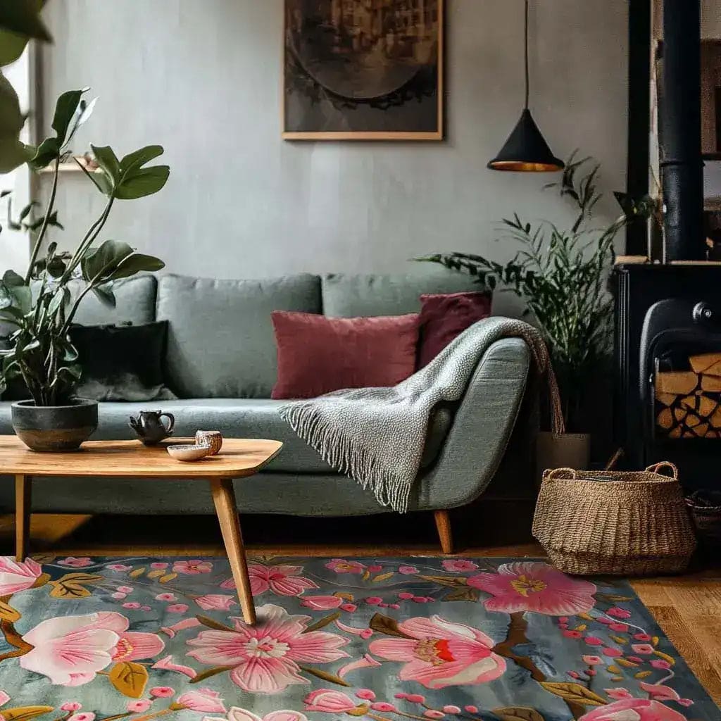 Elegant Magnolia Blossom Hand Tufted Area Rug in a cozy living room with a modern gray sofa and wooden coffee table. The large floral rug, featuring vibrant pink and green hues, adds a touch of nature and sophistication to the space, perfect for dining rooms or large living areas. Ideal for those seeking wool rugs for living rooms.