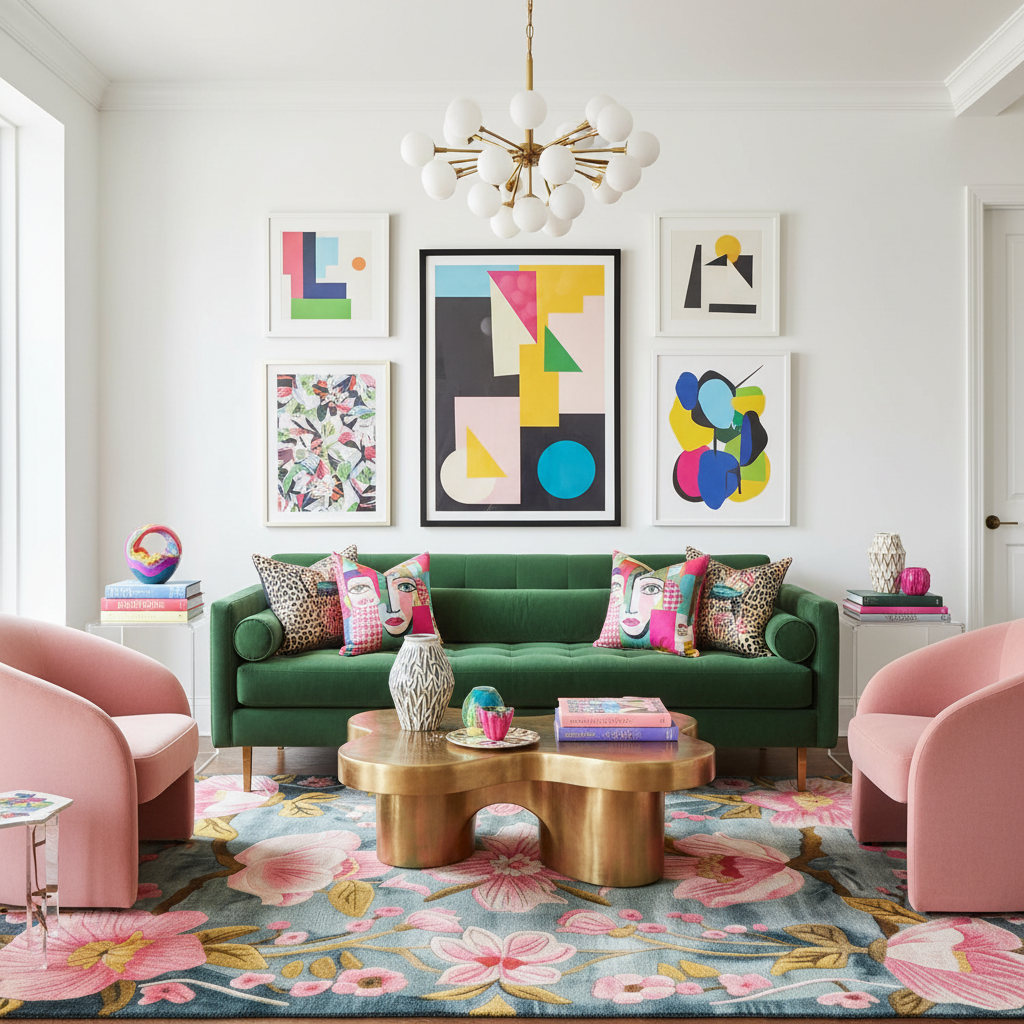 Modern living room with a green sofa, pink chairs, a floral wool rug, and colorful artwork.