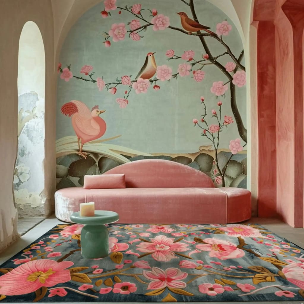 A beautiful Magnolia Blossom hand-tufted area rug displayed in a stylish living room, featuring vibrant pink floral patterns. The wool rug complements the elegant decor, perfect for a dining room or large living room space, enhancing the ambiance with its artistic design.