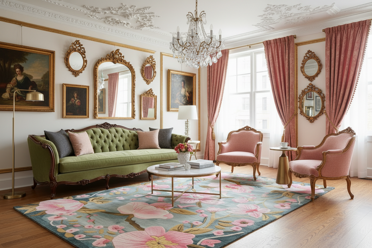 Luxurious living room with floral rug, ornate furniture, mirrors, and a chandelier.