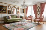 Luxurious living room with floral rug, ornate furniture, mirrors, and a chandelier.