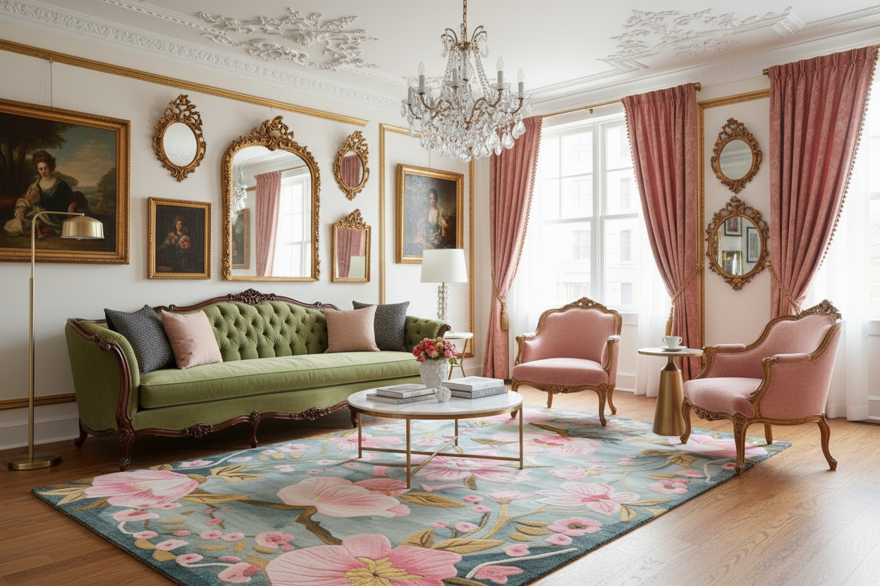 Luxurious living room with floral rug, ornate furniture, mirrors, and a chandelier.