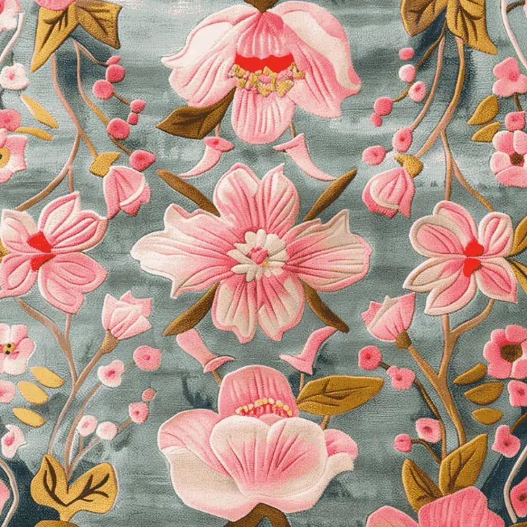 Beautiful Magnolia Blossom Hand Tufted Area Rug featuring vibrant pink floral designs on a soft gray background. Perfect for adding elegance to a dining room or as a large living room rug. This exquisite wool rug brings nature-inspired charm to rugs for living room settings.