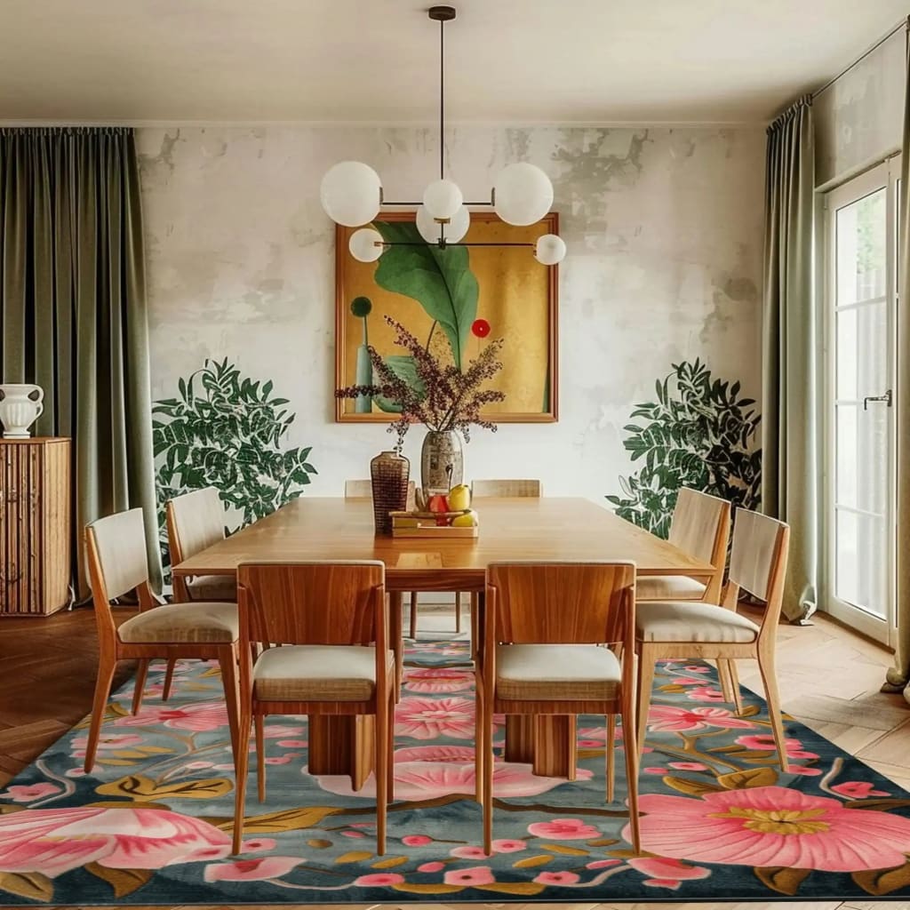 A beautifully decorated dining room featuring a Magnolia Blossom Hand Tufted Rug. This floral area rug, perfect for large living rooms or dining rooms, showcases vibrant pink flowers against a soft background. The wool rug adds warmth and style, enhancing the cozy atmosphere of the living room with its elegant design.