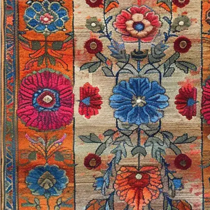 Close-up view of the Maharaja Garden Hand Tufted Area Rug, showcasing a vibrant floral pattern with rich blue, pink, and orange hues. Perfect for adding a touch of elegance to dining rooms and bedrooms, this wool rug brings a luxurious feel to any space.