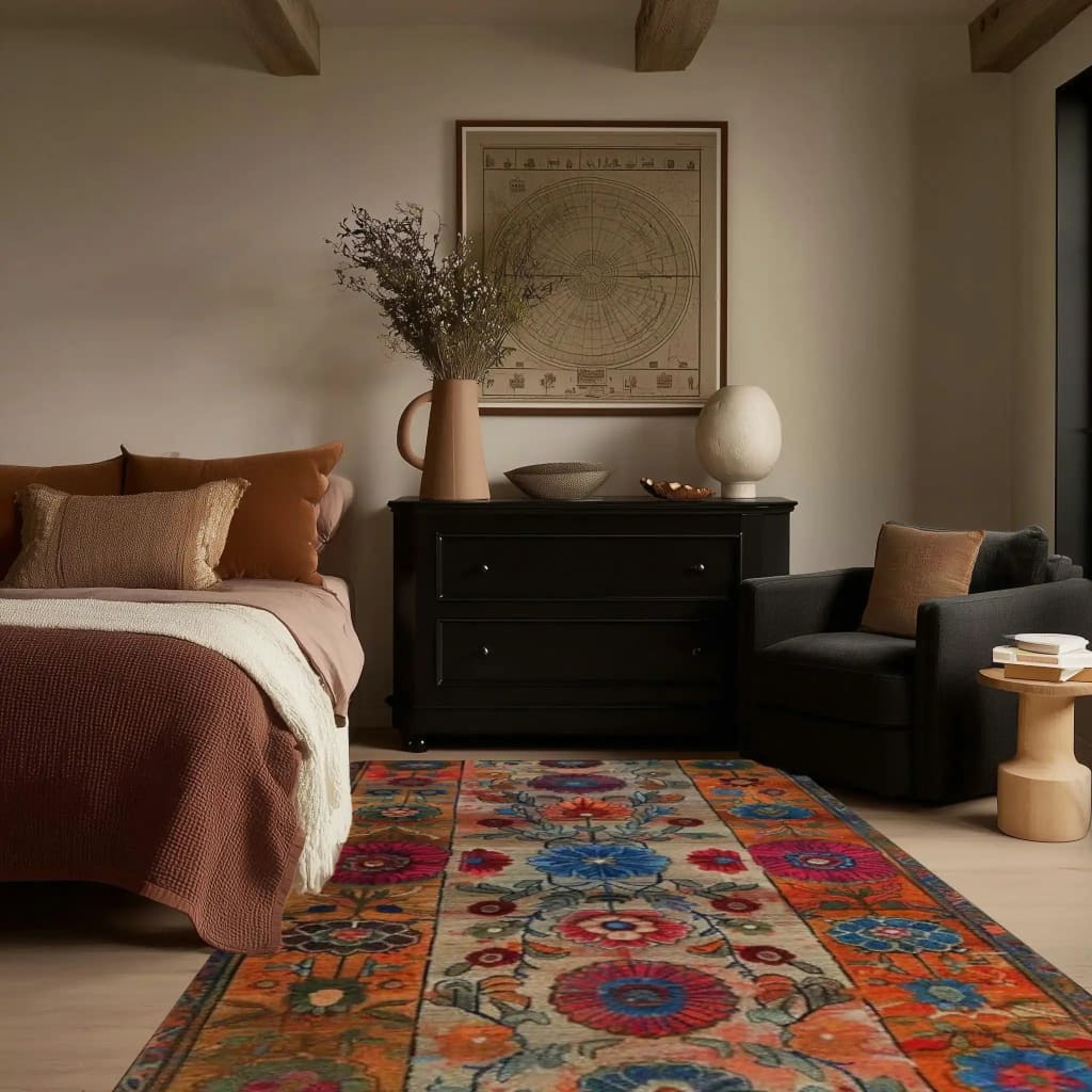 The Maharaja Garden Hand Tufted Area Rug adds vibrant floral patterns to a cozy bedroom setting. This wool rug features a rich blend of colors that complement the warm tones of the room, making it an ideal choice for bedroom and dining room decor.