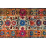 Vibrant Maharaja Garden Hand Tufted Area Rug featuring intricate floral patterns in rich colors, ideal for enhancing the dining room or bedroom. This wool rug showcases a harmonious blend of blues, reds, and oranges, making it a perfect choice for bedroom rugs or as a captivating floral rug centerpiece.