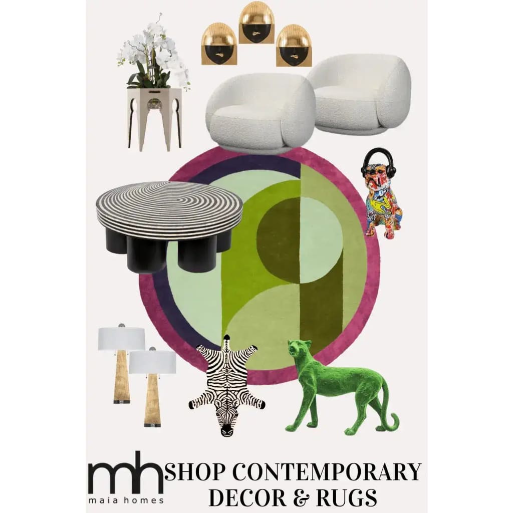 This vibrant image showcases the Maia Burgundy Geometric Round Hand Tufted Wool Rug, a striking area rug perfect for adding a touch of style to your bedroom or living room. The rug features bold geometric patterns in shades of burgundy, green, and purple, making it an ideal choice for bedroom area rugs. Surrounded by contemporary decor pieces, this wool rug stands out as a centerpiece, enhancing the aesthetic of any space, whether it's a bedroom or living room.