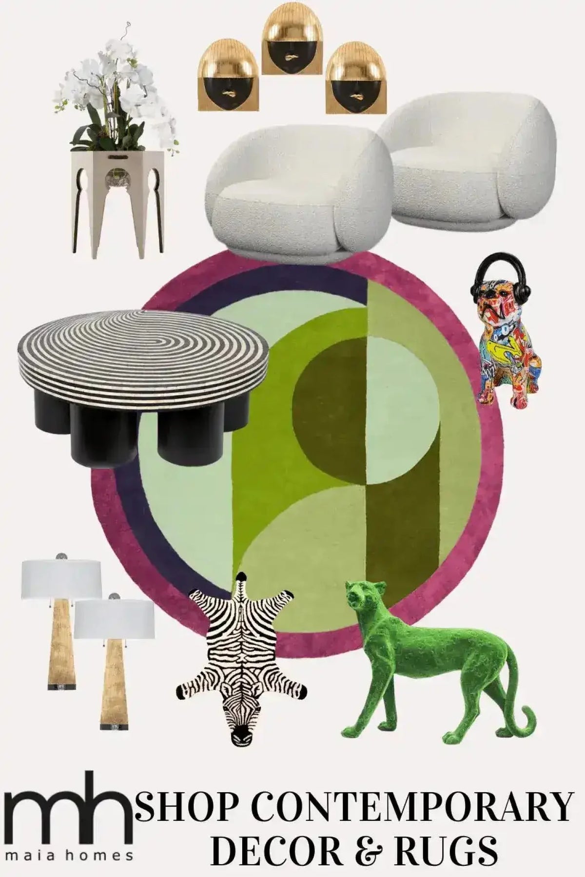 This vibrant image showcases the Maia Burgundy Geometric Round Hand Tufted Wool Rug, a striking area rug perfect for adding a touch of style to your bedroom or living room. The rug features bold geometric patterns in shades of burgundy, green, and purple, making it an ideal choice for bedroom area rugs. Surrounded by contemporary decor pieces, this wool rug stands out as a centerpiece, enhancing the aesthetic of any space, whether it's a bedroom or living room.