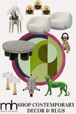 This vibrant image showcases the Maia Burgundy Geometric Round Hand Tufted Wool Rug, a striking area rug perfect for adding a touch of style to your bedroom or living room. The rug features bold geometric patterns in shades of burgundy, green, and purple, making it an ideal choice for bedroom area rugs. Surrounded by contemporary decor pieces, this wool rug stands out as a centerpiece, enhancing the aesthetic of any space, whether it's a bedroom or living room.