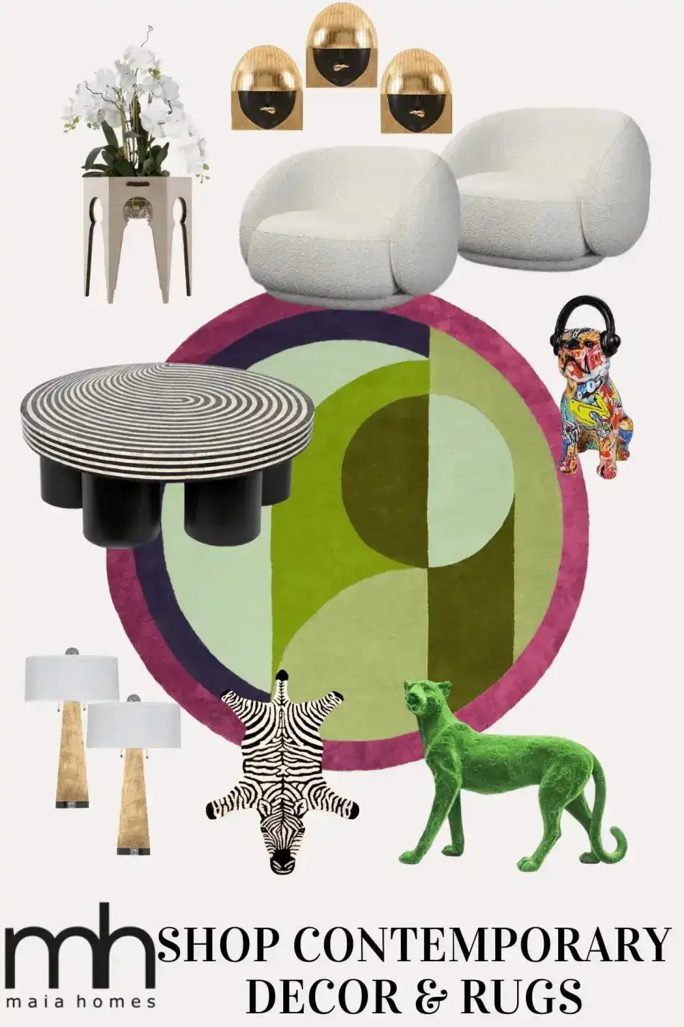 This vibrant image showcases the Maia Burgundy Geometric Round Hand Tufted Wool Rug, a striking area rug perfect for adding a touch of style to your bedroom or living room. The rug features bold geometric patterns in shades of burgundy, green, and purple, making it an ideal choice for bedroom area rugs. Surrounded by contemporary decor pieces, this wool rug stands out as a centerpiece, enhancing the aesthetic of any space, whether it's a bedroom or living room.