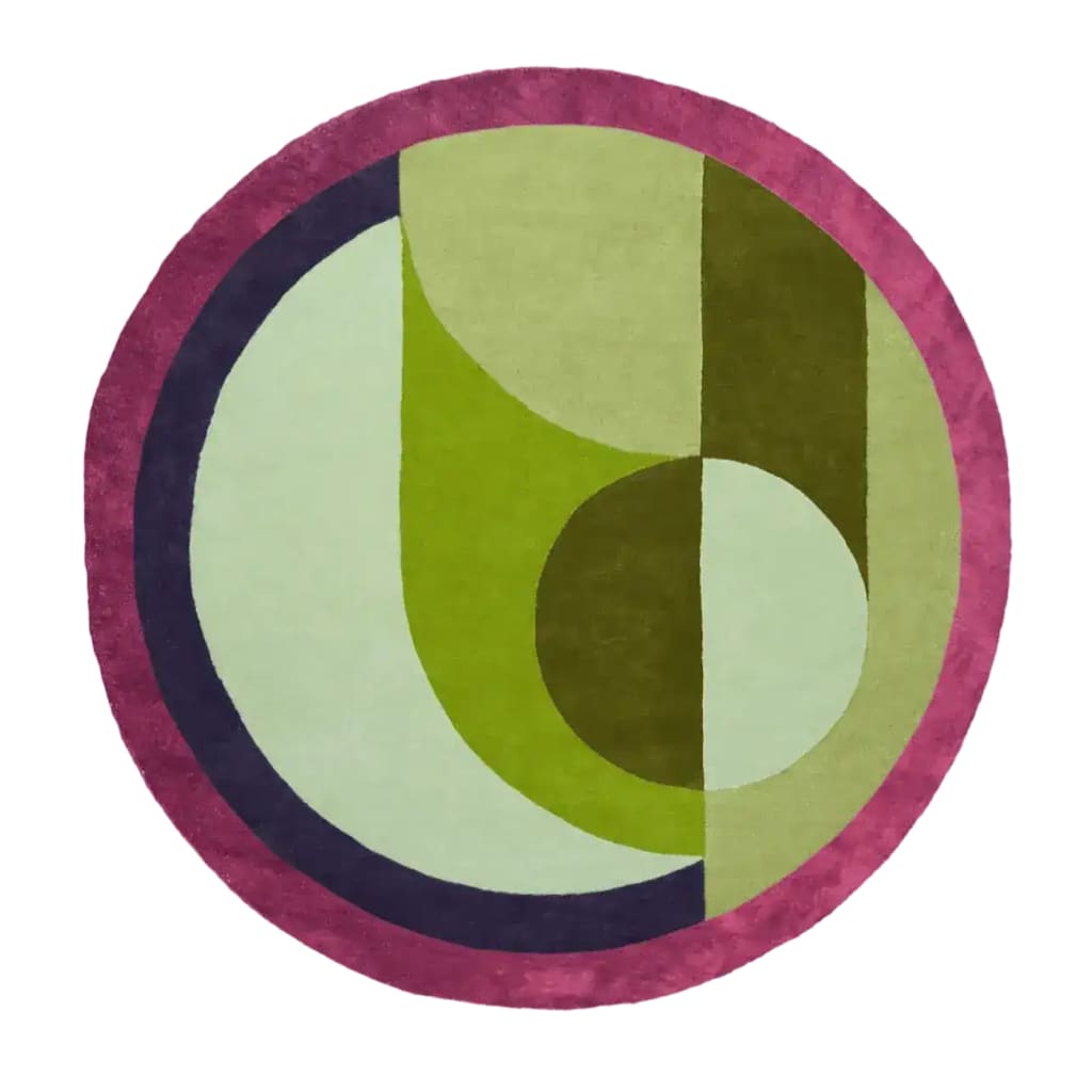 A vibrant Maia Burgundy Geometric Round Hand Tufted Wool Rug featuring abstract patterns in shades of green, burgundy, and olive. Perfect as a stylish area rug for the bedroom or living room, offering a cozy touch to your space.