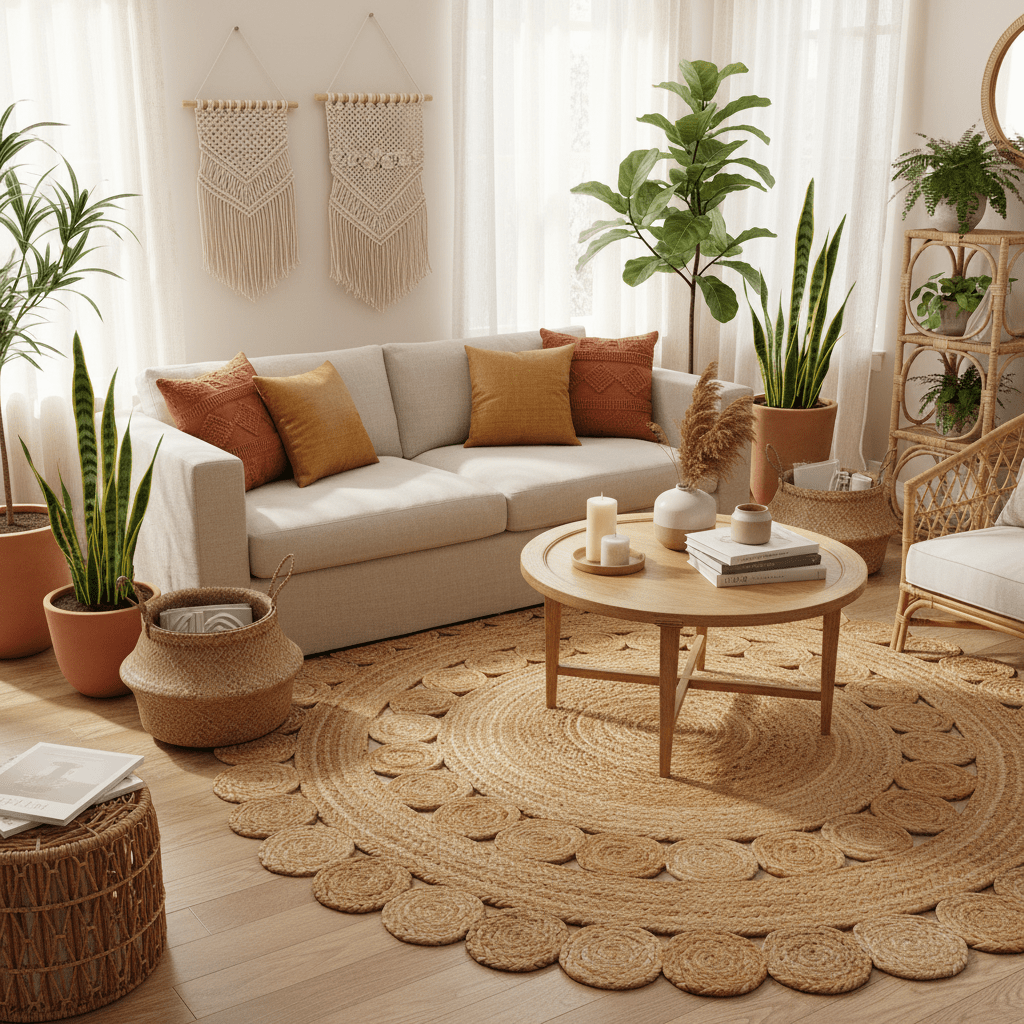 Cozy living room with a beige sectional sofa, round wooden coffee table, a round jute rug, and decorative plants.