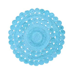 Top view of the Maia Classic Circles Round Jute Rug in a vibrant blue color, perfect for adding a stylish touch to any living room. This round area rug features intricate jute patterns, ideal for large living room spaces.