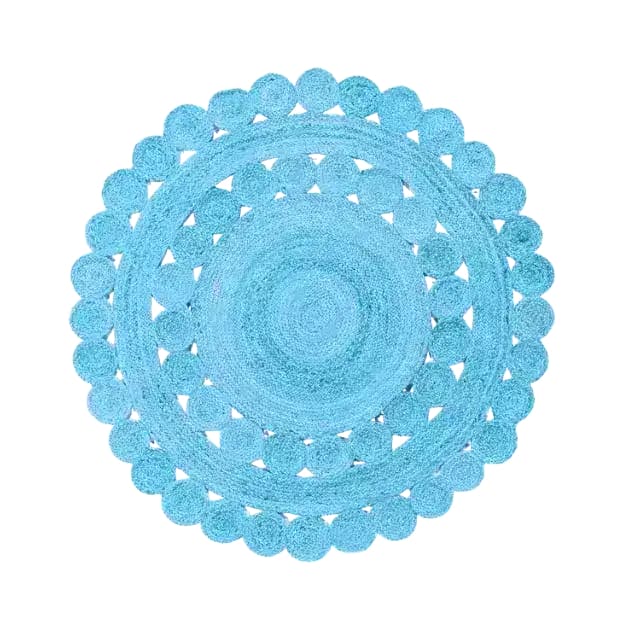 Top view of the Maia Classic Circles Round Jute Rug in a vibrant blue color, perfect for adding a stylish touch to any living room. This round area rug features intricate jute patterns, ideal for large living room spaces.